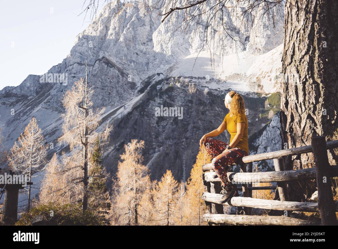 Seitenansicht einer jungen kaukasischen Wanderer in bunten Kleidern, Wanderausrüstung, auf einem Holzzaun irgendwo oben in den Bergen sitzend, die Aussicht genießen Stockfoto