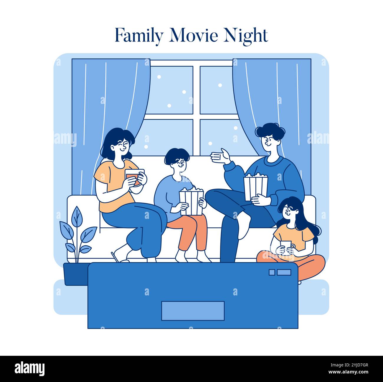 Familienkonzept der Mittelklasse. Ein gemütlicher Familienabend mit Eltern und Kindern, die Popcorn und Getränke genießen. Entspanntes Home Entertainment. Vektorabbildung. Stock Vektor