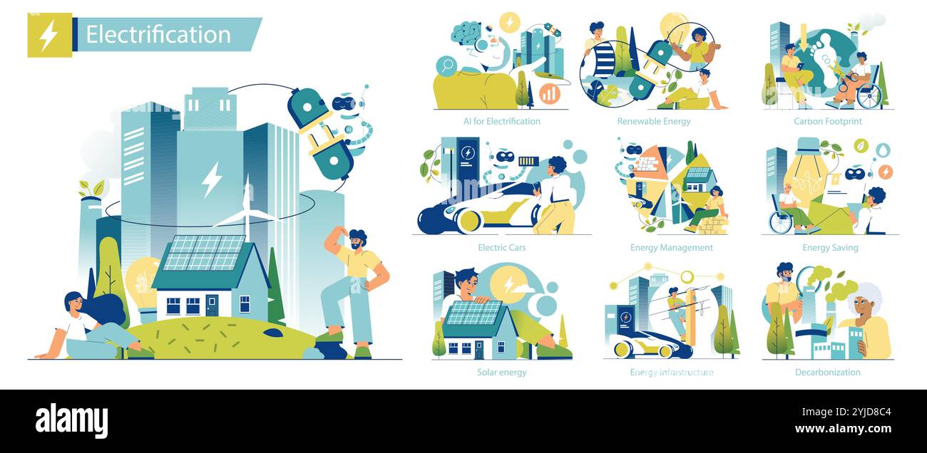 Elektrifizierungsset. Übergang zu nachhaltigen Energiequellen und innovativen Technologien. Umweltfreundliche Energie, Elektroautos und intelligentes Energiemanagement. Vektorabbildung. Stock Vektor