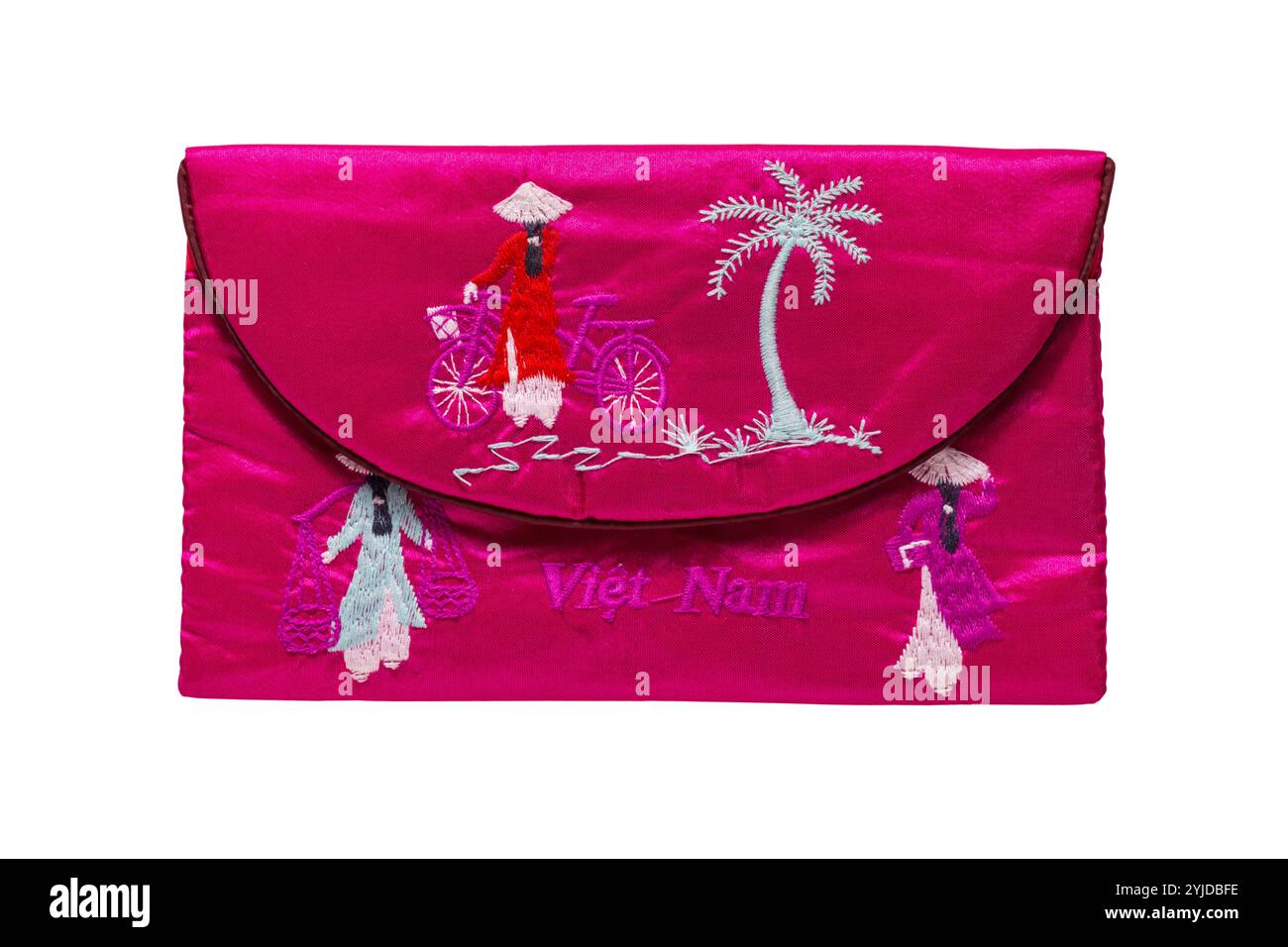 Rosa Handtasche Handtasche aus Vietnam isoliert auf weißem Hintergrund - Konzept der Urlaub Souvenir Erinnerung Erinnerung Erinnerung Erinnerung Stockfoto