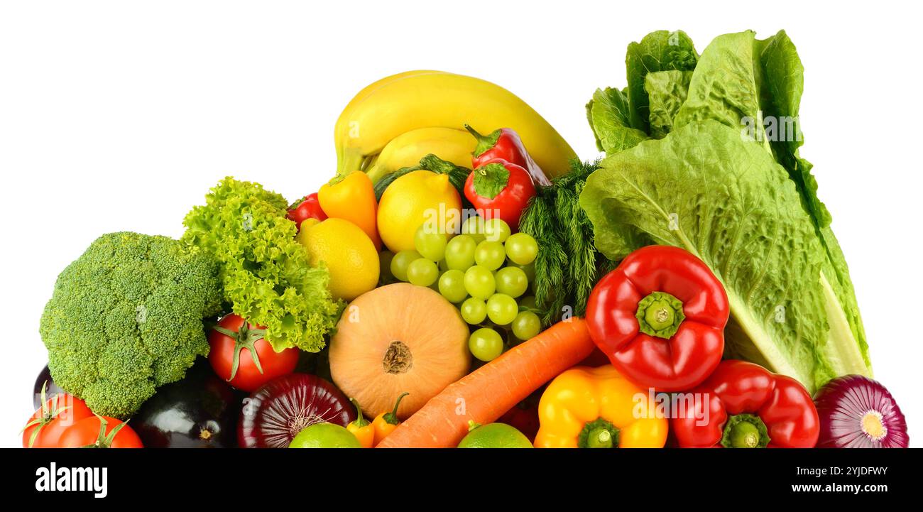 Nützliches frisches Obst und Gemüse isoliert auf weißem Hintergrund. Stockfoto