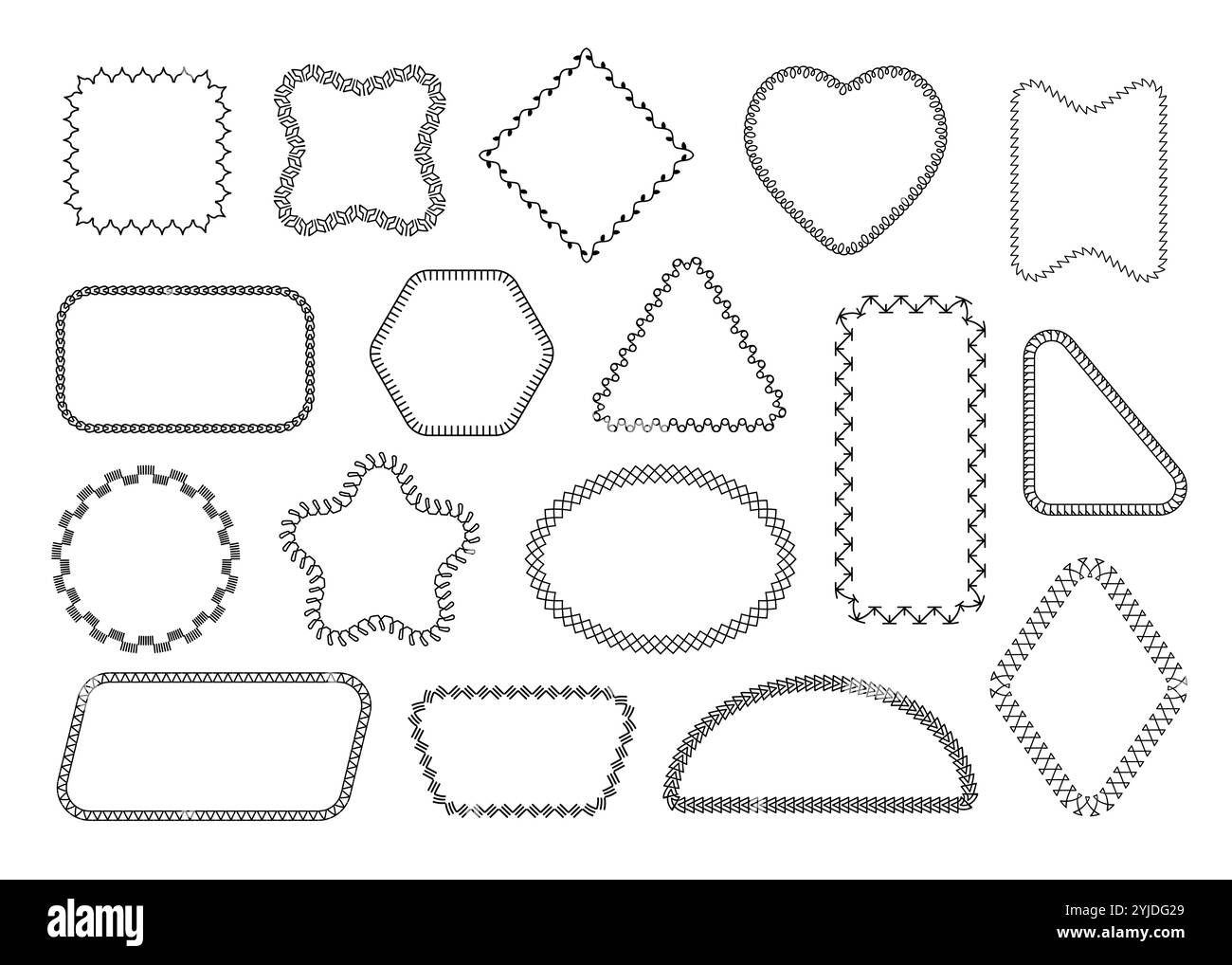 Rahmenform zusammenfügen. Stickerei- und Nähdekorationselemente, Kreuzstich aus Vintage-Handarbeit und Deckenstich. Vektor-isolierter Satz Stock Vektor
