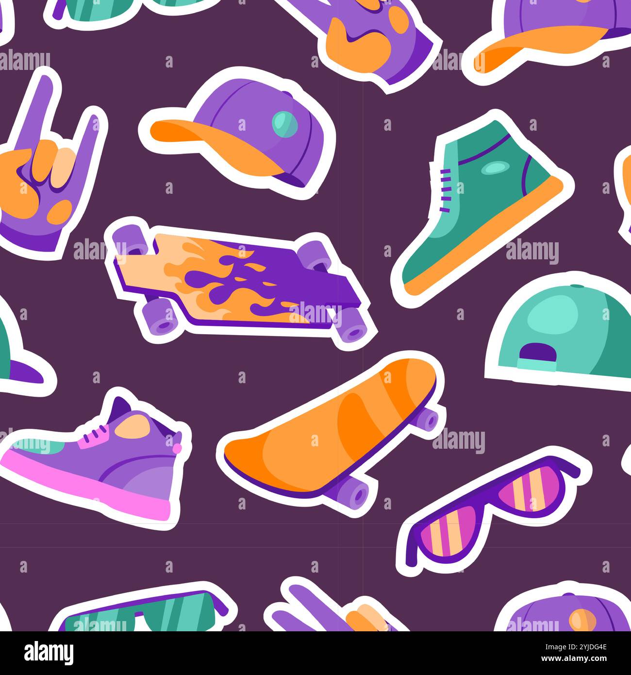 Skateboard-Muster. Nahtloser Druck von Streetsport Skateboarderausrüstung, Hintergrund für Kinder für T-Shirt-Design. Vektortextur Stock Vektor