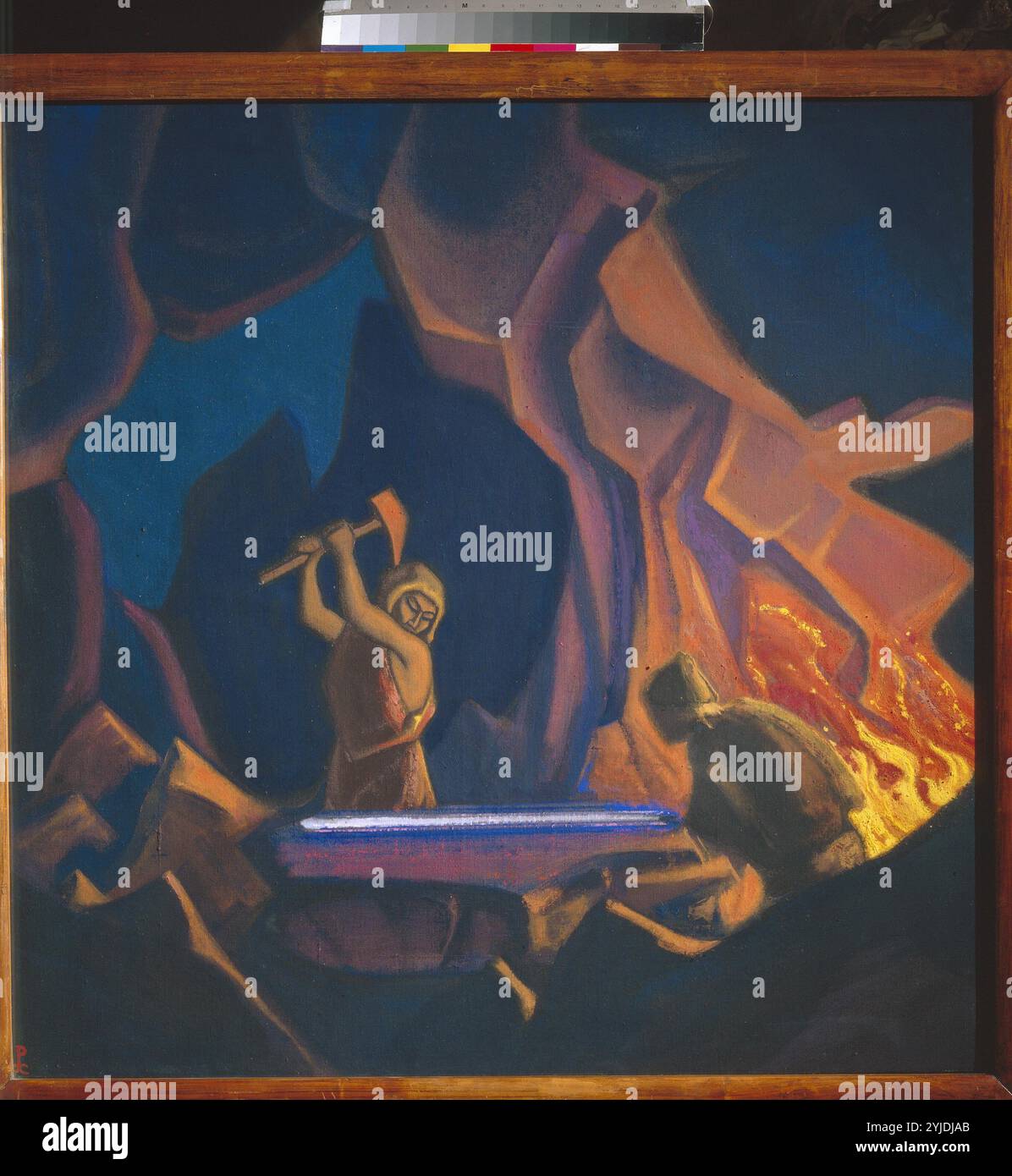 Nibelungen. Das Schwert schmieden. Museum: Staatliches Russisches Museum, St. Petersburg. Autor: Nicholas Roerich. Stockfoto