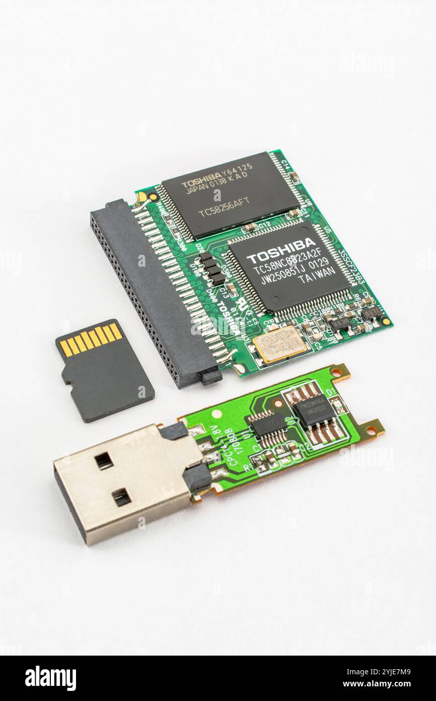 Ältere Datenspeichergeräte – Compact Flash (mit Toshiba bestückte Leiterplatte), 16 GB SanDisk Micro SD und 1 MB USB-Flash-Laufwerk (ohne Marke) Stockfoto