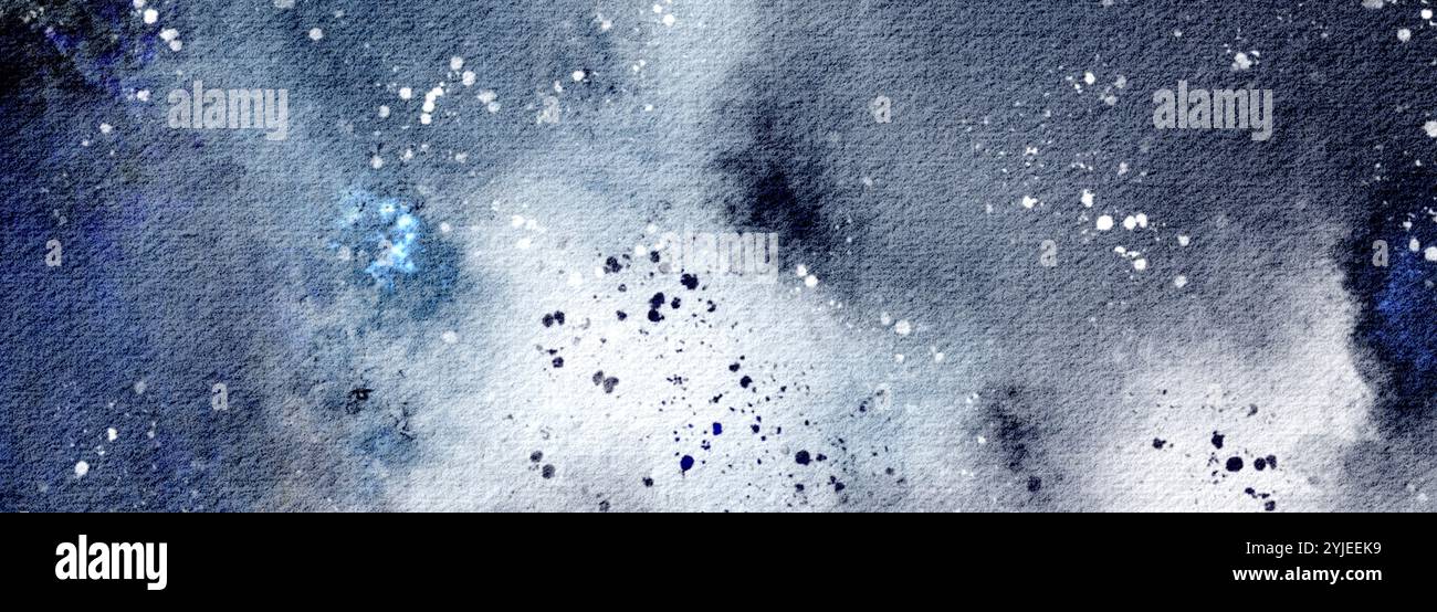 Kosmische Aquarelltextur von marineblauem Hintergrund. Tiefer Indigo-Hintergrund mit Flecken und rauen Pinselstrichen. Handgemalter astrologischer Nachthimmel Stockfoto