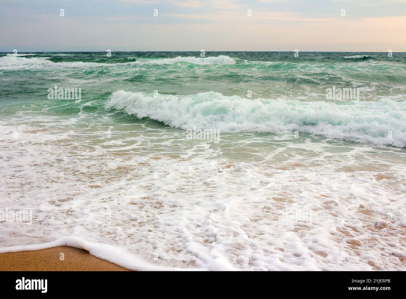 Meereslandschaft am Morgen. Stürmisches Wetter. Grüne Wellen krachen am Sandstrand. Bewölkter Himmel Stockfoto