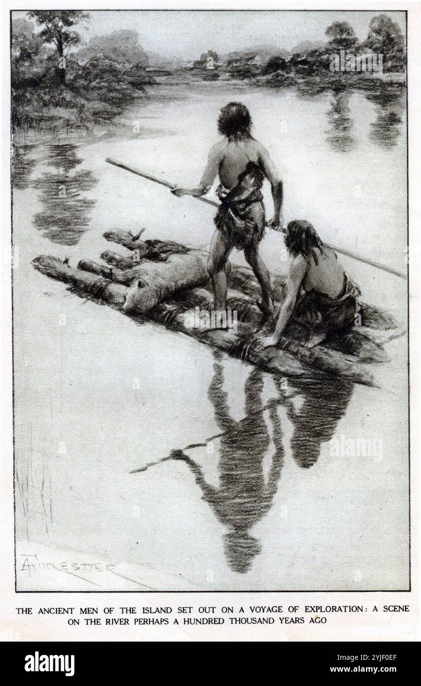 Alte Briten erkunden einen Fluss auf einem Holzfloß Stockfoto