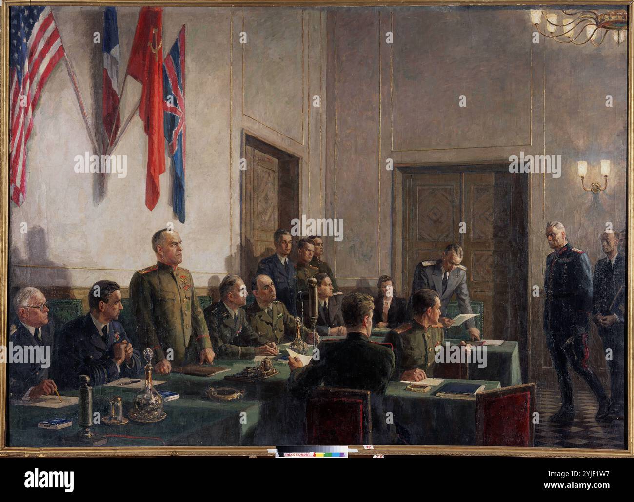 Marschall Schukow Lesen der deutschen Kapitulation am 08.Mai 1945. Museum: regionale Kunst Galerie, Tchelyabinsk. Autor: kukryniksy (Art-Gruppe). Copyright: Dieses Kunstwerk ist nicht in der Public Domain. Es liegt in Ihrer Verantwortung, alle nötigen Dritten Berechtigungen aus der Copyright-Handler in Ihrem Land vor der Veröffentlichung zu erhalten. Stockfoto