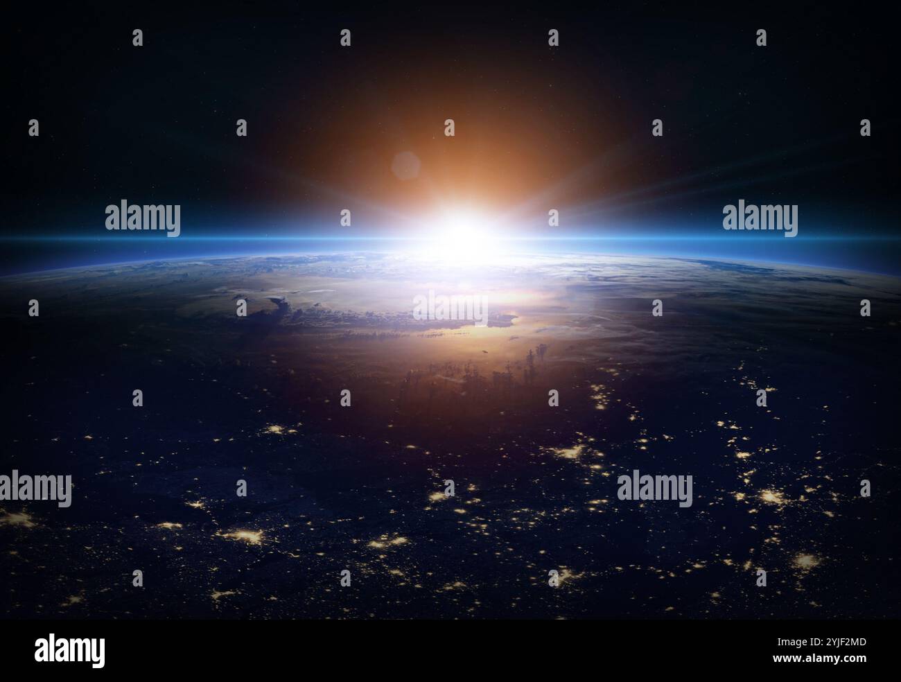 Erde in der Nacht. Stadtlichter auf dem Planeten Erde. Sonnenaufgangsansicht des Planeten Erde aus dem Weltraum. Elemente dieses Bildes, bereitgestellt von der NASA. Stockfoto