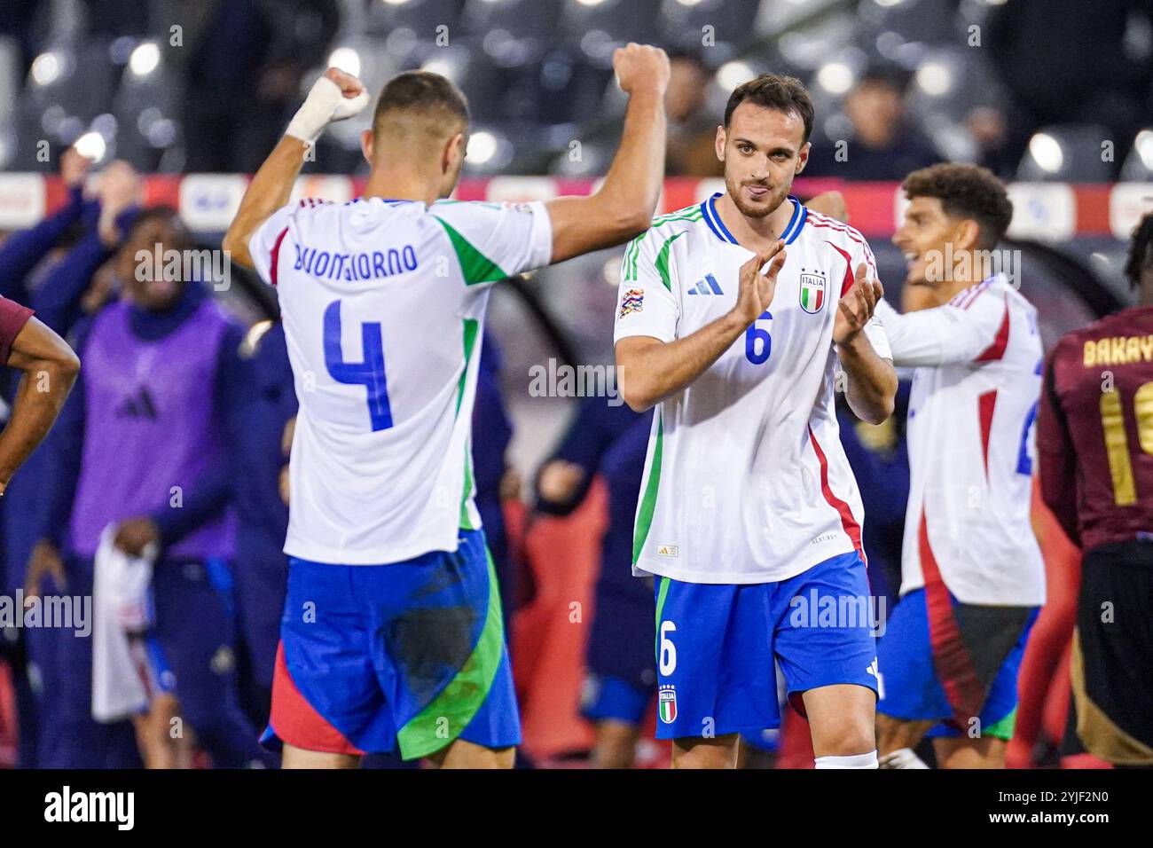 Brüssel, Belgien November 2024. BRÜSSEL, BELGIEN - 14. NOVEMBER: Federico Gatti feiert den Sieg während der UEFA Nations League 2024/25 League Ein Spiel der Gruppe A2 zwischen Belgien und Italien im King Baudouin Stadium am 14. November 2024 in Brüssel. (Foto von Joris Verwijst/Orange Pictures) Credit: Orange Pics BV/Alamy Live News Stockfoto