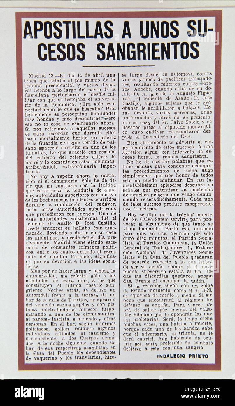 PERIODICO EL LIBERAL - 1936 - APOSTILLAS A UNOS SUCESOS SANGRIENTOS. Autor: PRIETO INDALECIO. Standort: HEMEROTECA MUNICIPAL. MADRID. SPANIEN. Stockfoto