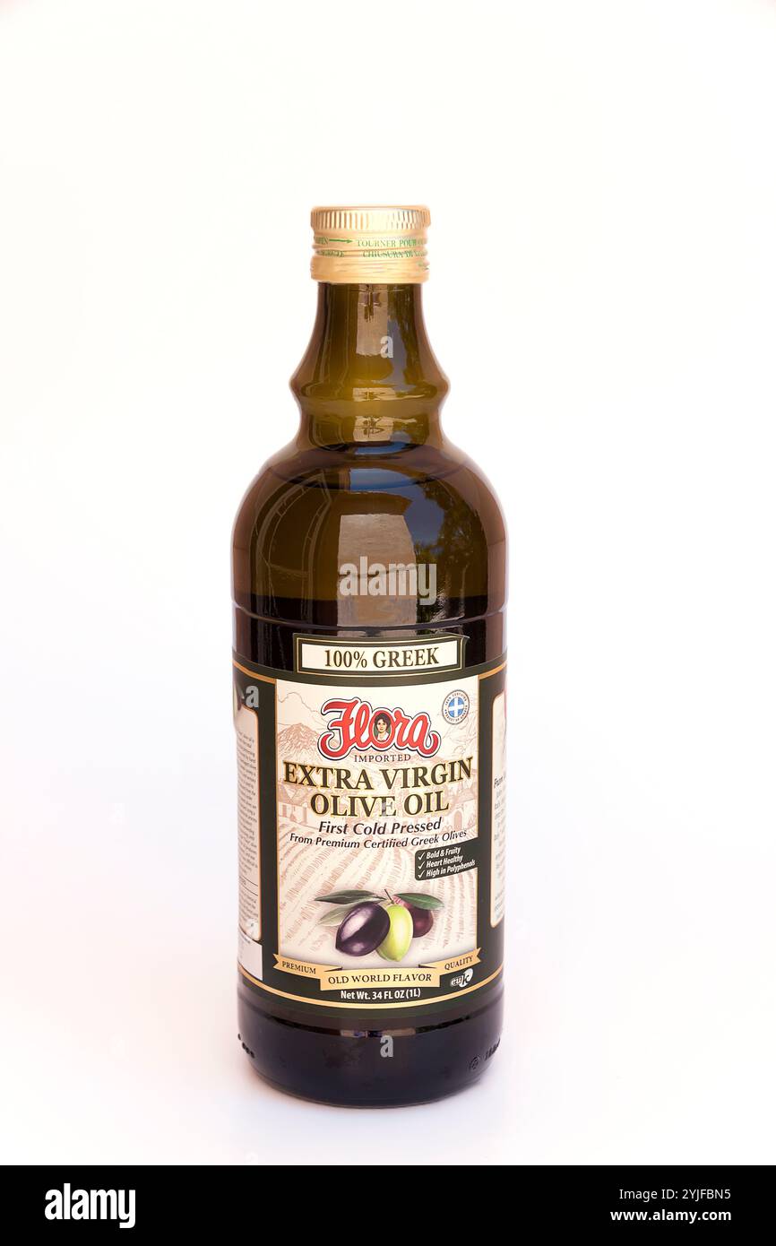 Flasche Single Country 100% Extra natives griechisches Olivenöl. Stockfoto