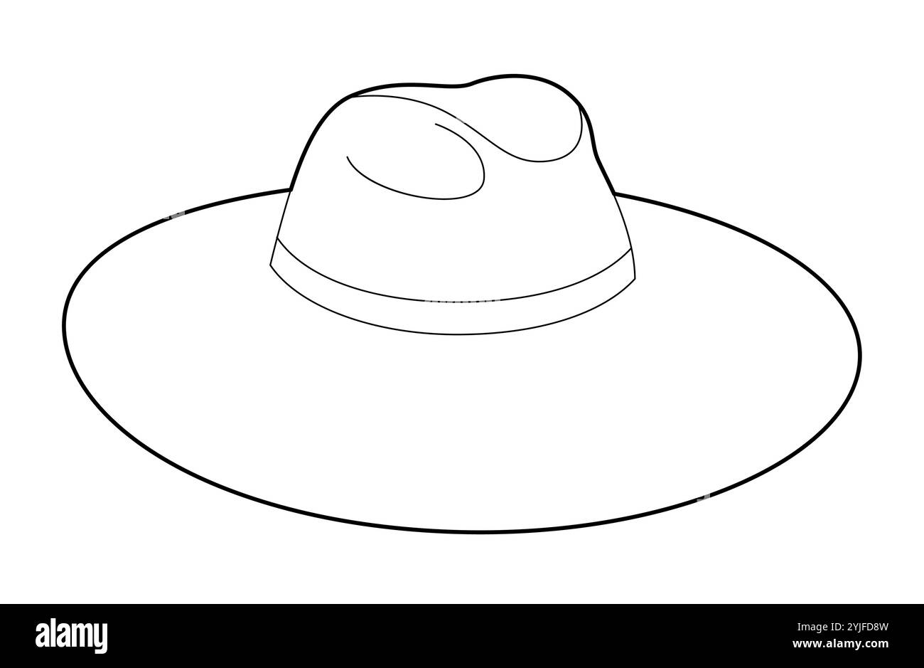 Sonnenhut mit breiter Krempe und Band. Kopf Mode Accessoire Kappe Kleidung technische Illustration. Vektor-Kopfbedeckung für Männer, Frauen, Unisex-Stil, flache Vorlage CAD-Modell Skizze Umriss isoliert Stock Vektor