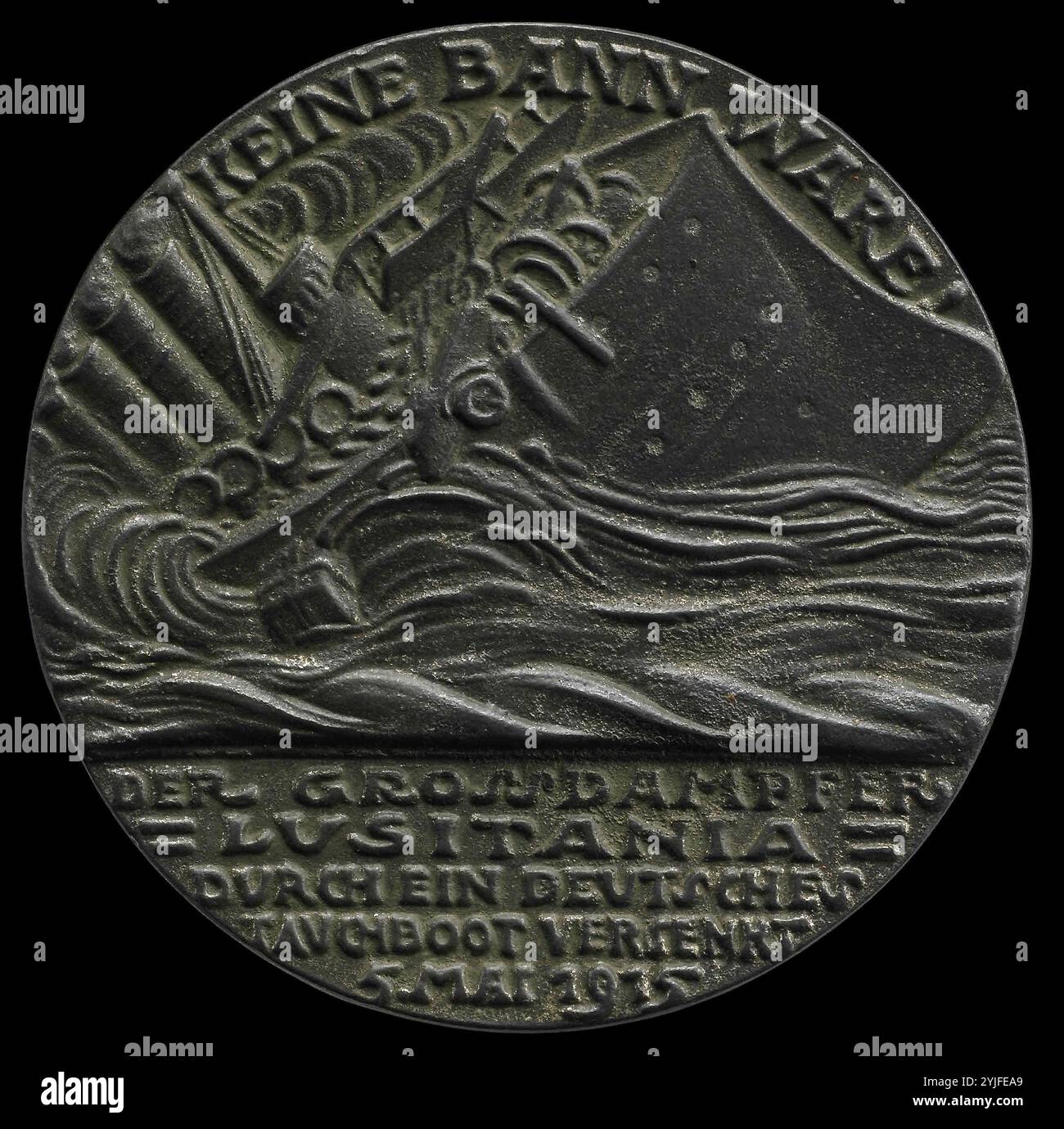 Die Lusitania-Medaille. Museum: PRIVATE SAMMLUNG. Autor: Karl Goetz. Copyright: Dieses Bildmaterial ist nicht gemeinfreie Inhalte. Es liegt in Ihrer Verantwortung, vor der Veröffentlichung alle erforderlichen Genehmigungen Dritter vom Urheberrechtler in Ihrem Land einzuholen. Stockfoto