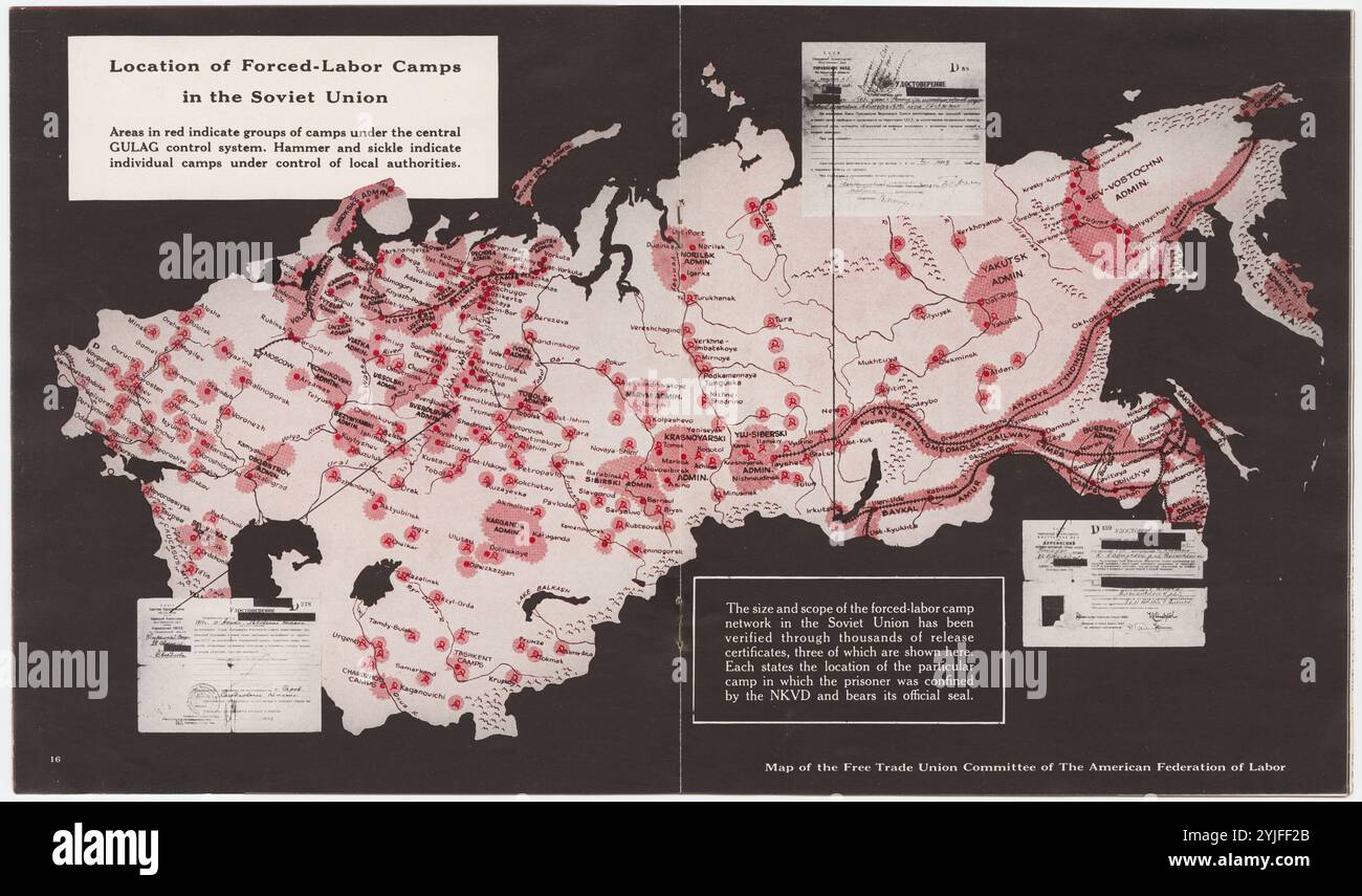 Karte der Lage der Zwangsarbeitslager in der Sowjetunion. Rote Bereiche: Lagergruppen unter GULAG-Kontrolle. Museum: PRIVATE SAMMLUNG. Autor: Isaac Don Levine. Copyright: Dieses Bildmaterial ist nicht gemeinfreie Inhalte. Es liegt in Ihrer Verantwortung, vor der Veröffentlichung alle erforderlichen Genehmigungen Dritter vom Urheberrechtler in Ihrem Land einzuholen. Stockfoto