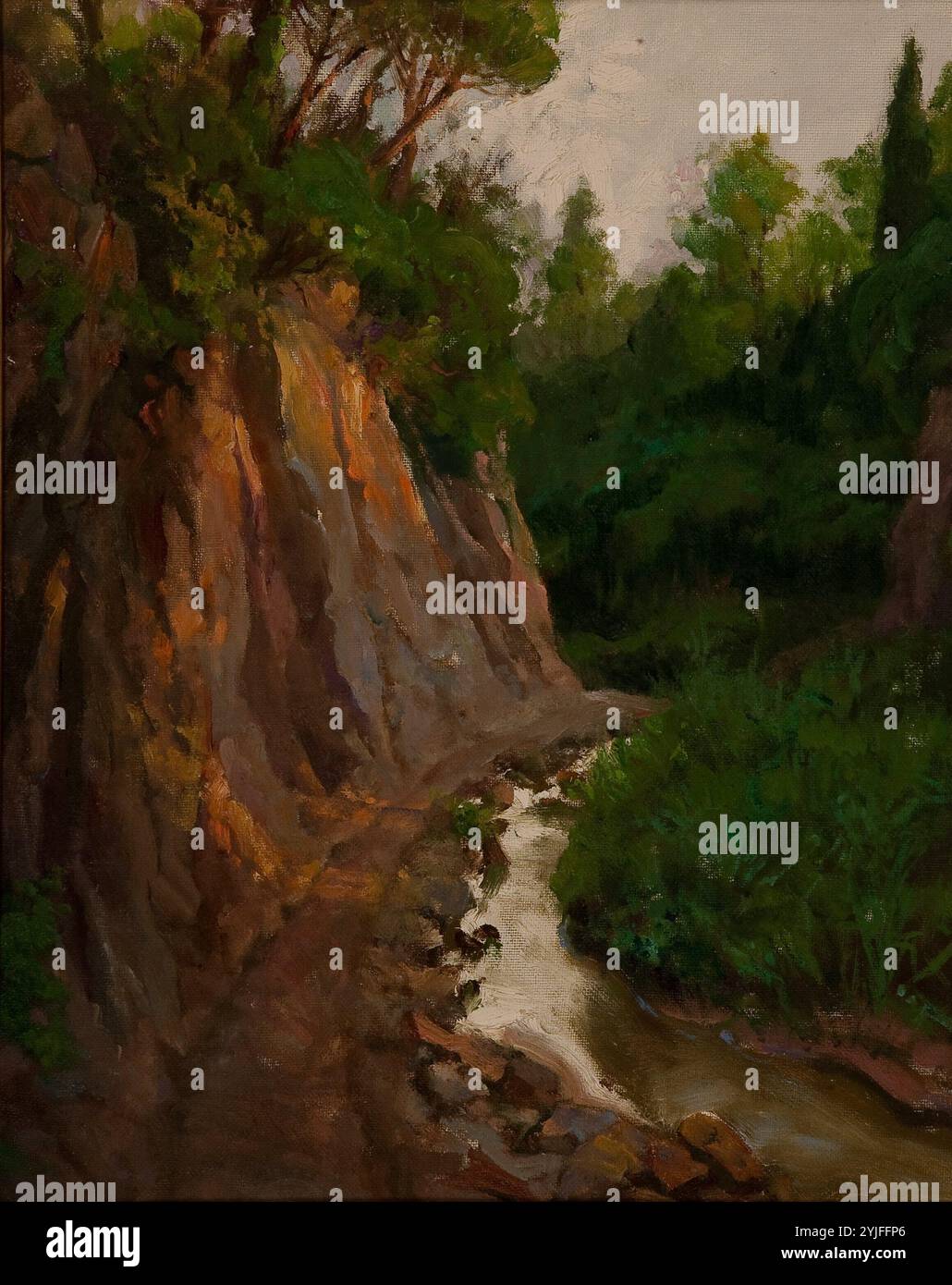 Jordi Arenas / 'Bäume (der Weg der Riera)', XX Jahrhundert, Gemälde (Öl an Bord), 29 x 31 cm. Autor: JORDI ARENAS i CLAVELL. Stockfoto