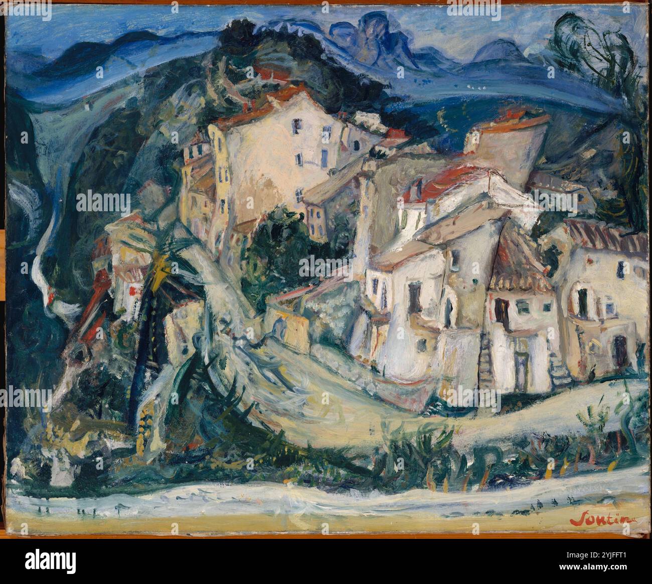 Blick auf Cagnes. Künstler: Chaim Soutine (Franzose (* Litauen), Smilovitchi 1893-1943 Paris). Abmessungen: 3/4 x 7/8 Zoll (60,3 x 73,3 cm). Datum: Ca. 1924-25. Am bekanntesten für seine düsteren Porträts malte Soutine während seiner Karriere auch Landschaften. Von 1923 bis 1925 verbrachte Soutine Zeit im Bergdorf Cagnes an der französischen Rivera. Die Farben Blau, Grün und Ocker deuten auf die heitere Atmosphäre der Region hin, während der expressionistische Pinselstrich dem Dorf eine fantasievolle, fast märchenhafte Qualität verleiht. Soutines gestapelte und verdichtete Formen bringen die Stadt auf dem Hügel nach ap Stockfoto