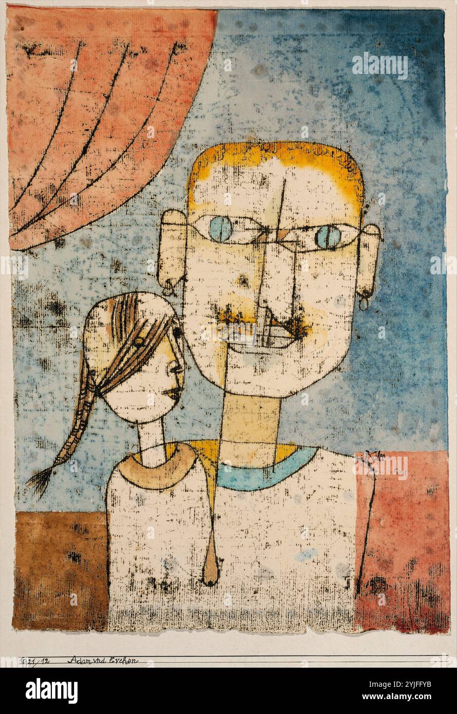 Adam und Little Eve. Künstler: Paul Klee (Deutscher (* Schweiz), Münchenbuchsee 1879-1940 Muralto-Locarno). Abmessungen: 5/8 x 3/4 Zoll (42,2 x 29,8 cm). Datum: 1921. In diesem Aquarell erweiterte Klee die Geschichte der Erschaffung des Menschen. Seine Eva, nachdem er aus Adams Rippe gewachsen ist, bleibt da. Sie bleibt auch ein Kind. Evchen ('Little Eve') sieht aus wie ein Schulmädchen mit Leinenhaaren in einem Zopf. Adam ist ein breiter, erwachsener Mann, der Ohrringe und einen Schnurrbart trägt. Indem Klee die Figuren mit einem rötlichen Vorhang auf einen flachen Boden legt, scheint Klee das seltsam zusammenpassende Paar auf einen zu setzen Stockfoto