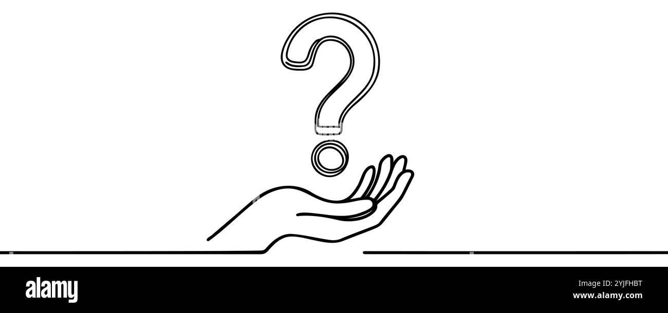 Hand hält Fragezeichen eine Strichzeichnung, handgezeichnetes Zeichen, durchgehende Kontur der Idee. Abfrage FAQ Konzept, Antwort finden. Bearbeitbare Kontur. Isoliert. Stock Vektor