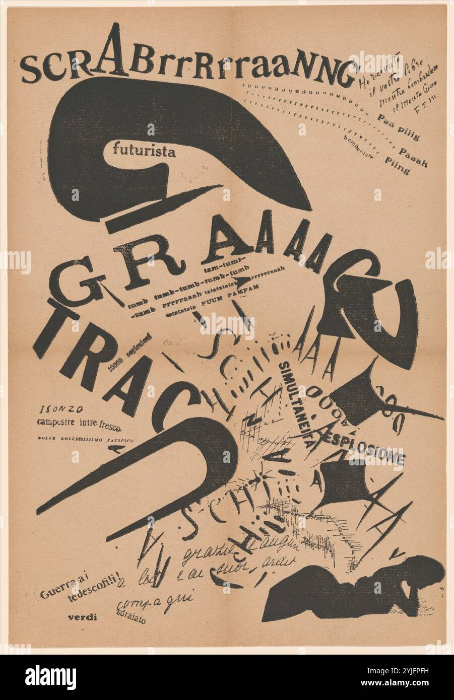 Am Abend, auf ihrem Bett liegend, liest sie den Brief ihres Artilleristen an der Front (Le Soir, couchée dans son lit, elle relisait la lettre de son artilleur au front), veröffentlicht in Les Mots en liberté futuristes. Künstler: Filippo Tommaso Marinetti (Italiener, geboren in Ägypten, Alexandria 1876-1944 Bellagio, Italien). Abmessungen: 3/4 x 1/8 Zoll (34,9 x 23,2 cm). Datum: Erstellt 1917, veröffentlicht 1919. 1909 veröffentlichte Marinetti das Manifest des Futurismus, in dem er eine revolutionäre Kunst forderte, die die Klänge, Bilder und Dynamik des modernen Lebens widerspiegelt. Er entwickelte bald Bewährungsklagen in libe Stockfoto
