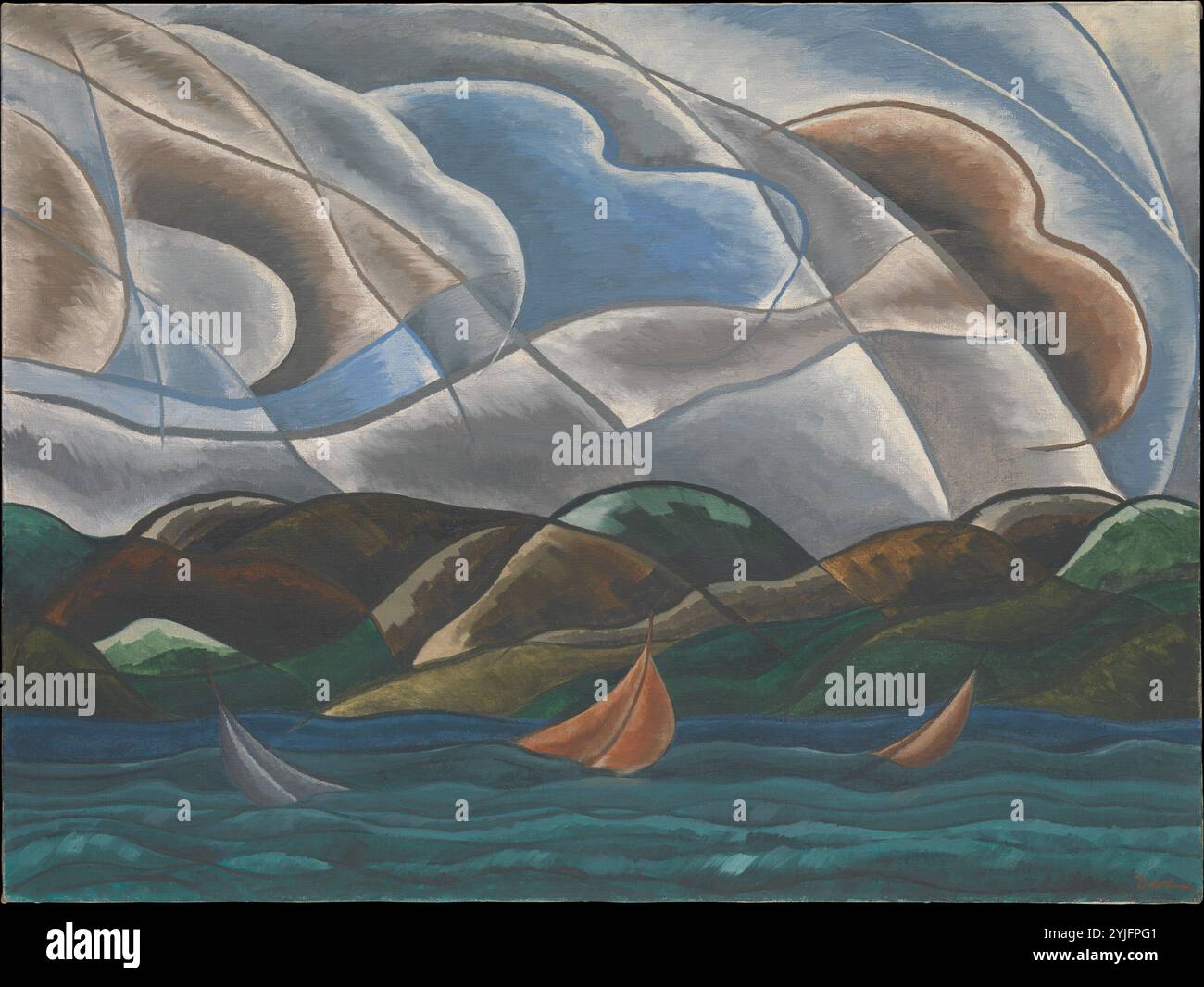 Wolken und Wasser. Künstler: Arthur Dove (Amerikaner, Canandaigua, New York 1880-1946 Huntington, New York). Abmessungen: 5/8 x 39 5/8 Zoll (75,2 x 100,6 cm). Datum: 1930. Wolken und Wasser wurden von der Landschaft von Halesite inspiriert, einer Stadt am Nordufer von Long Island, wo Dove und seine Begleiterin Helen „Reds“ Torr Ende der 1920er Jahre lebten Sie residierten bei warmem Wetter auf ihrem Boot, der Mona, und sie hatten gerade ihren ersten Winter als Hausmeister des Ketewomoke Yacht Clubs im November 1929 begonnen. Von ihrem Zimmer im zweiten Stock im Yacht Club, umgeben von Fenstern auf drei Seiten, Dove und Torr ha Stockfoto
