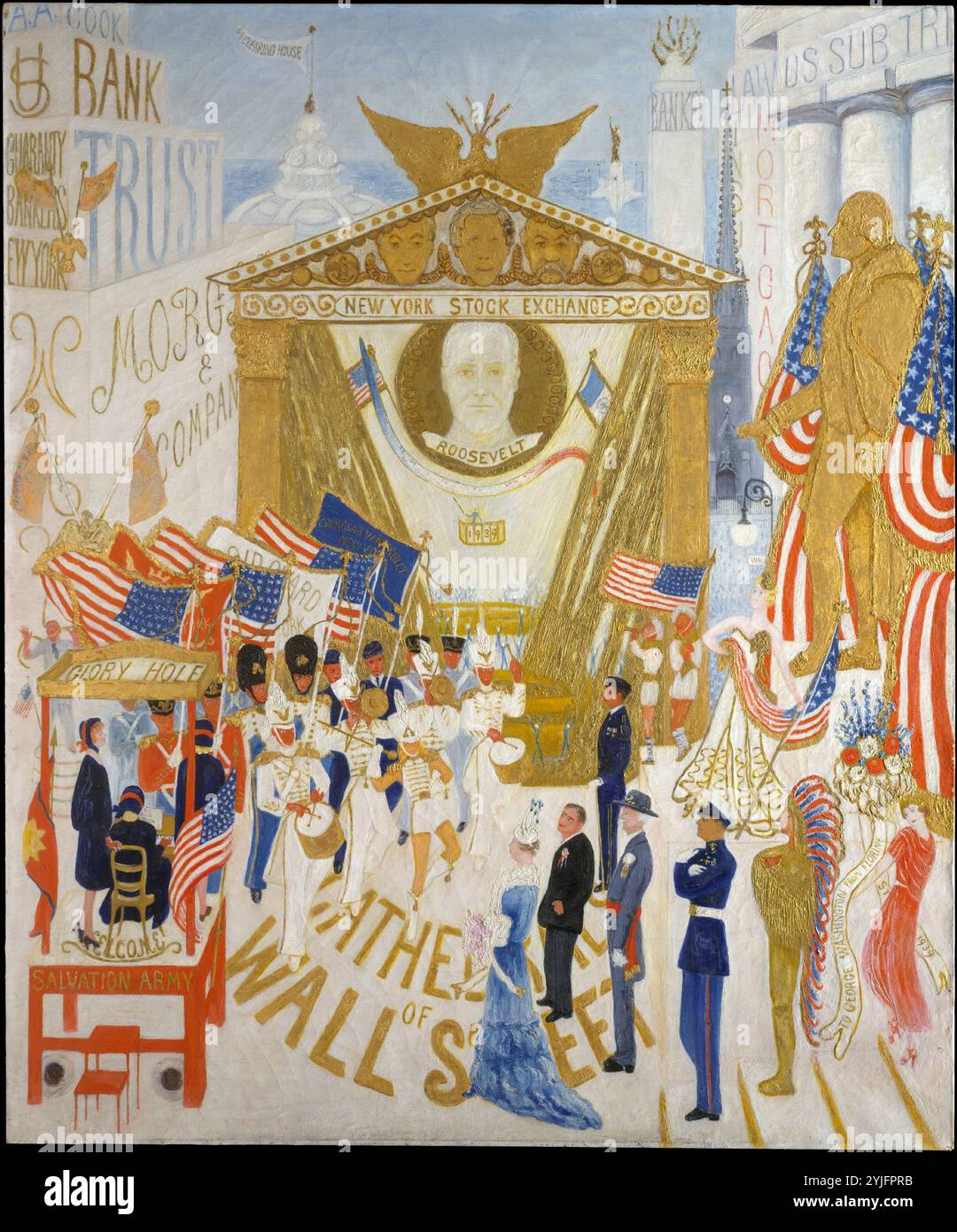 Die Kathedralen der Wall Street. Künstler: Florine Stettheimer (Amerikaner, Rochester, New York 1871-1944 New York, New York). Abmessungen: 60 x 50 Zoll (152,4 x 127 cm). Datum: 1939. Diese Arbeit vereint verschiedene Persönlichkeiten des öffentlichen Lebens mit den großen Finanzinstitutionen der damaligen Zeit, was auf die enge Beziehung zwischen Politik und Großkapital in New York hindeutet. Die neu gestaltete Fassade der New Yorker Börse ist eine Hommage an Präsident Franklin D. Roosevelt und die Finanzführer Bernard Baruch, John D. Rockefeller und J. P. Morgan. Vielleicht als Warnung vor den Versuchungen irdischer Reichtümer und Giftstoffe Stockfoto