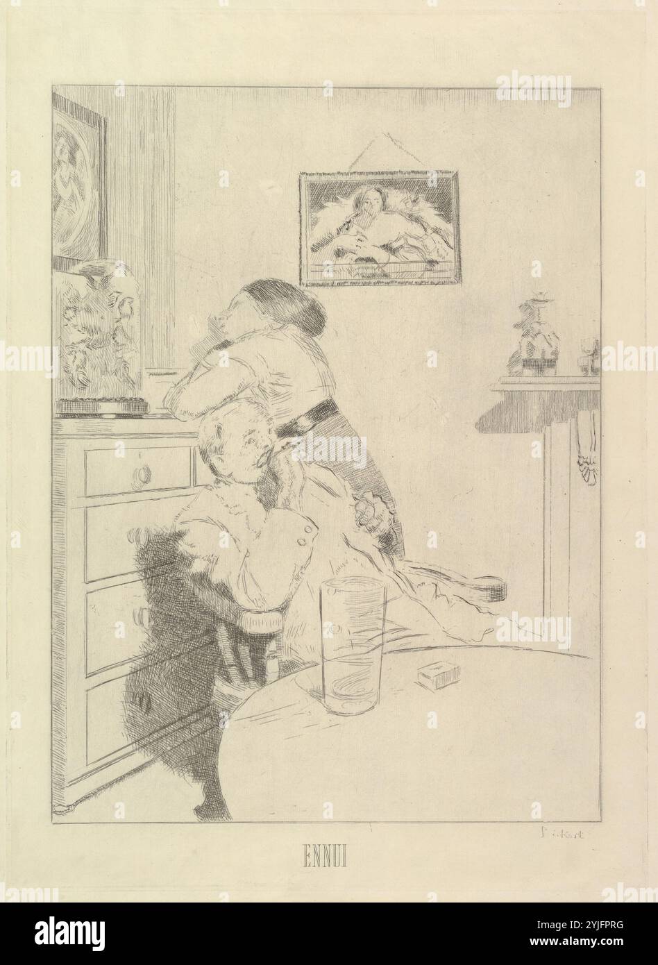 Ennui (Die Große Platte). Künstler: Walter Richard Sickert (Britisch, München 1860-1942 Bathampton, Somerset). Abmessungen: Platte: 5/8 x 7/8 Zoll (44,8 x 32,7 cm) Blatt: 21 1/2 x 15 3/4 Zoll (54,6 x 40 cm). Datum: 1914, veröffentlicht am 1915. Museum: Metropolitan Museum of Art, New York, USA. Stockfoto