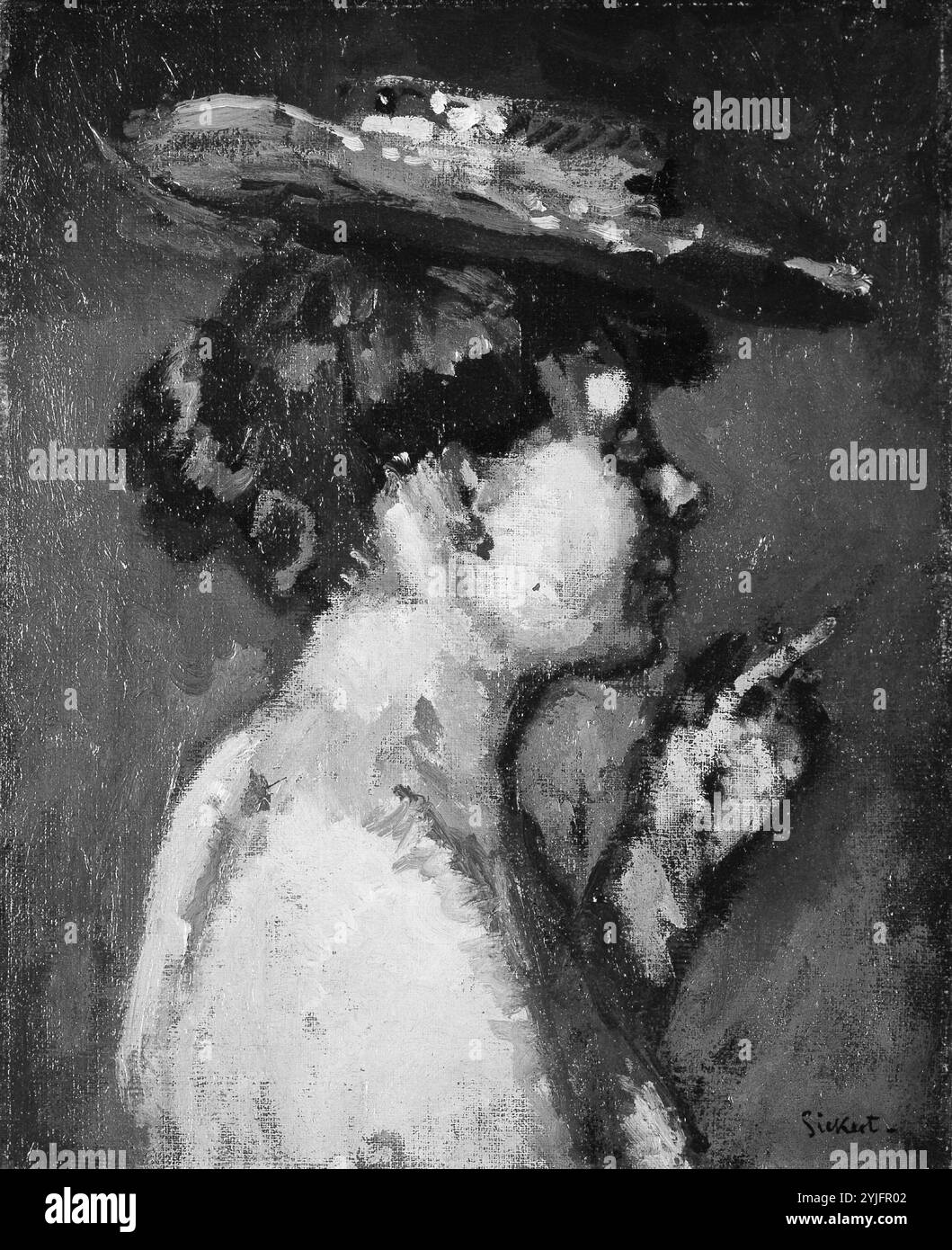 Die Zigarette (Jeanne Daurmont). Künstler: Walter Richard Sickert (Britisch, München 1860-1942 Bathampton, Somerset). Abmessungen: 20 x 16 Zoll (50,8 x 40,6 cm). Datum: 1906. Dies ist eines von sechs Bildern, die Sickert während der Osterferien 1906 von zwei Belgiern, Jeanne und Hélène Daurmont, malte. Jeanne, eine Mühlerin, erinnerte sich später daran, dass sie und ihre Schwester, eine Charwoman, den Künstler in London getroffen hatten, als er sie mit einem Polizisten auf Französisch hörte. Die gedämpfte Palette, die sanft verwischten Umrisse und die direkte Annäherung an das Modell antizipieren den späteren Camden Town-Stil des Künstlers Stockfoto