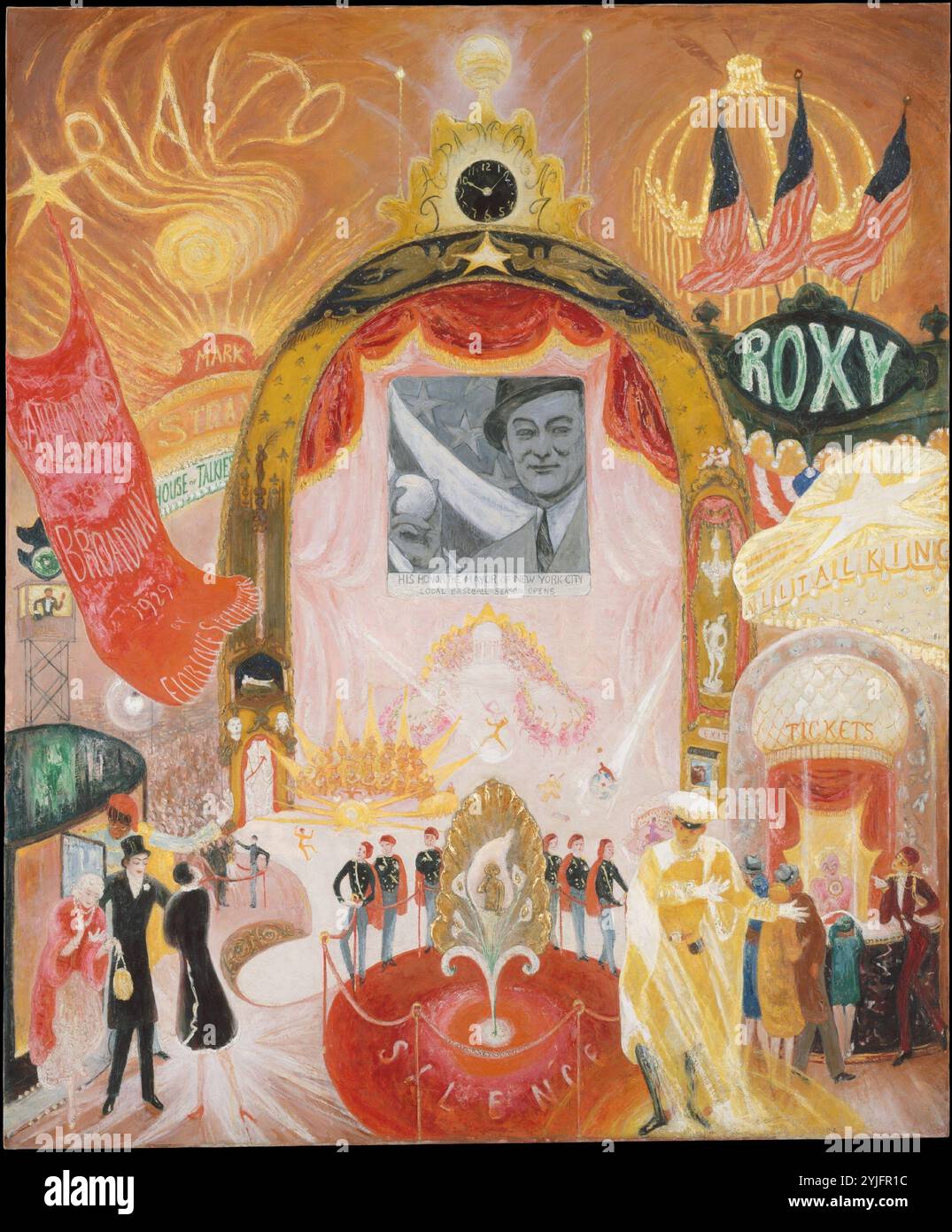 Die Kathedralen des Broadway. Künstler: Florine Stettheimer (Amerikaner, Rochester, New York 1871-1944 New York, New York). Abmessungen: 60 1/8 x 50 1/8 Zoll (152,7 x 127,3 cm). Datum: 1929. Die Cathedrals of Broadway fängt die magische Atmosphäre von neonbeleuchteten Theatern ein, die sowohl Filme als auch Live-Auftritte bieten. Als die Vereinigten Staaten in die große Depression eintraten, wandten sich viele Amerikaner der Welt der Unterhaltung zu, um der Realität zu entkommen. Hier wirft New Yorks Bürgermeister Jimmy Walker das erste Feld der Baseballsaison in einer Kinoschau heraus. Eine aufwändige Bühnenvorstellung findet unter dem Bildschirm statt, wo Stockfoto