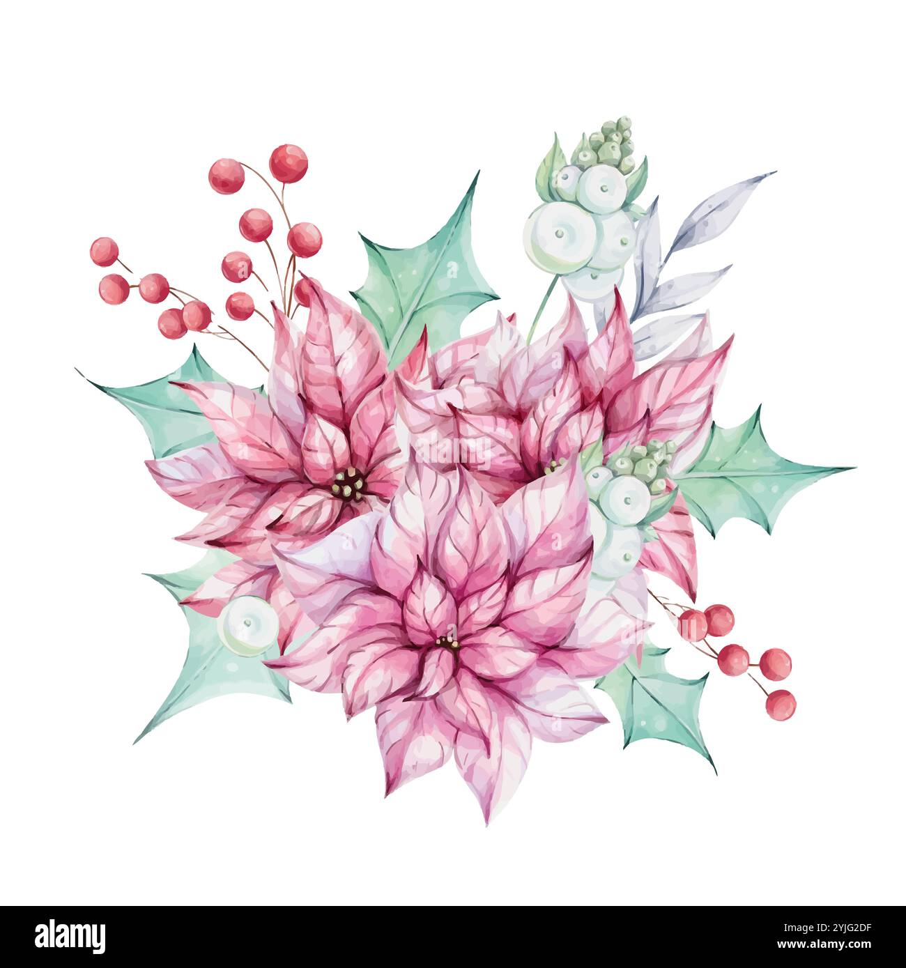 Weihnachtsaquarell Roter Weihnachtsstern Blumenstrauß mit stechpalmengrünen Blättern und Mistel, roten Beeren. Neujahrszusammensetzung. Dezember Natur Stock Vektor