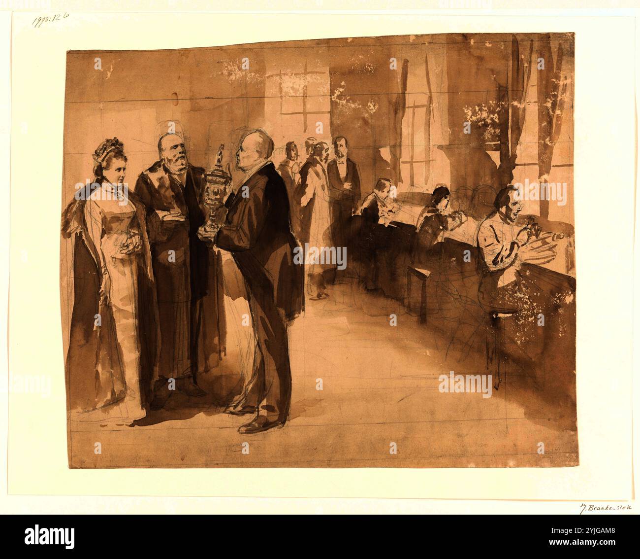 König Wilhelm III. und Königin Emma in einem Workshop ist ein Schaufenster dargestellt. Verfasser der Stellungnahme: Johan Braakensiek. Dating: C. 1868 - C. 1940. Maße: H 350 mm x B 420 mm. Museum: Rijksmuseum, Amsterdam. Stockfoto