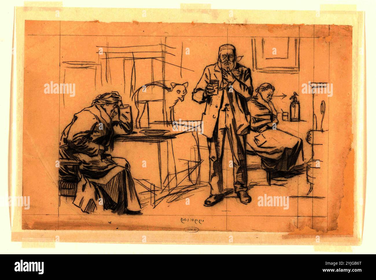 Design für Illustration in De Amsterdammer: zwei sitzende Figuren und ein stehender Mann mit einer Schale Kwast (23. November 1918). Verfasser der Stellungnahme: Johan Braakensiek. Dating: 1918 - vor dem 23-Sep-1918. Maße: H 275 mm x B 440 mm. Museum: Rijksmuseum, Amsterdam. Stockfoto