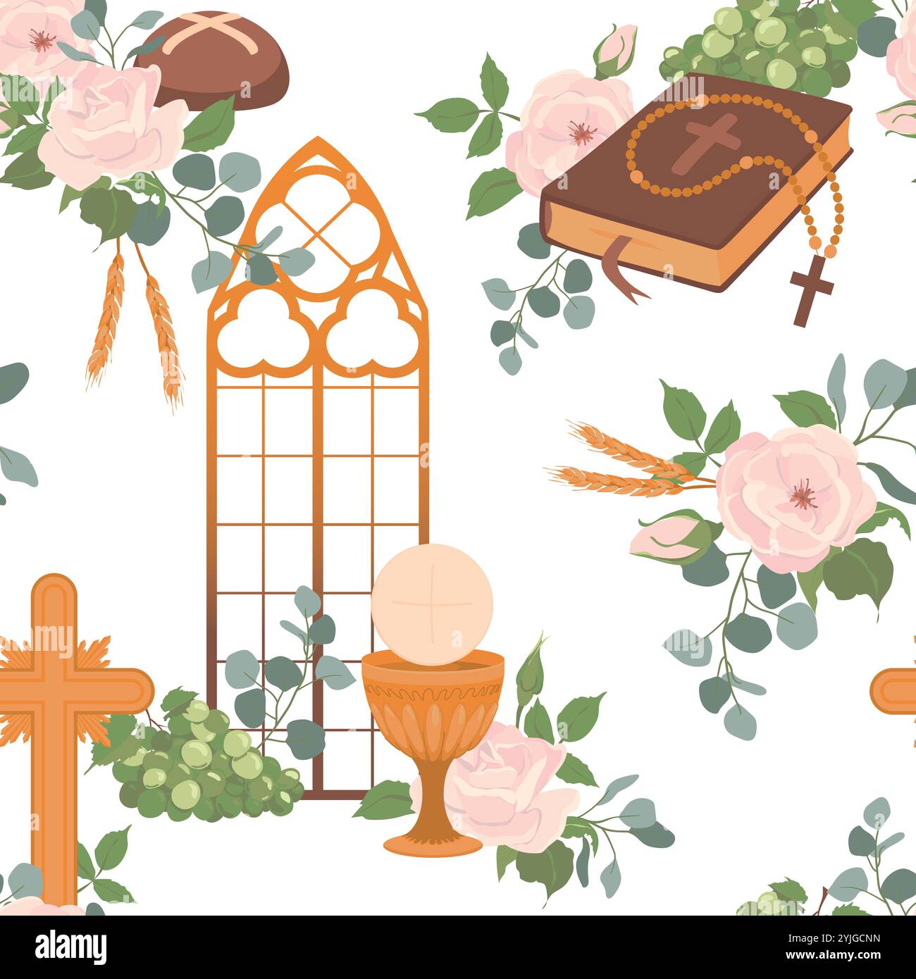 Erster Vektorhintergrund für Kommunionsymbole. Goldener Weinbecher, Gral, Brot, Bibel, Rosenkranz, Wein, weiße Rosen und Kruzifix. Nahtloses Muster mit christlichen Symbolen. Clipart für Urlaubseinladungen. Stock Vektor