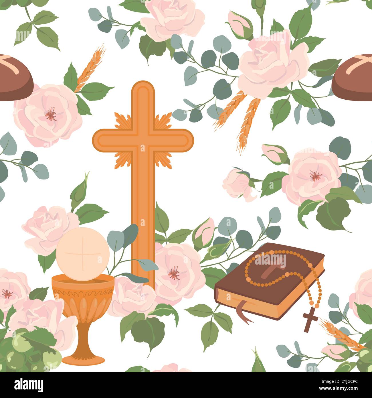 Erster Vektorhintergrund für Kommunionsymbole. Goldener Weinbecher, Gral, Brot, Bibel, Rosenkranz, Wein, weiße Rosen und Kruzifix. Nahtloses Muster mit christlichen Symbolen. Clipart für Urlaubseinladungen. Stock Vektor