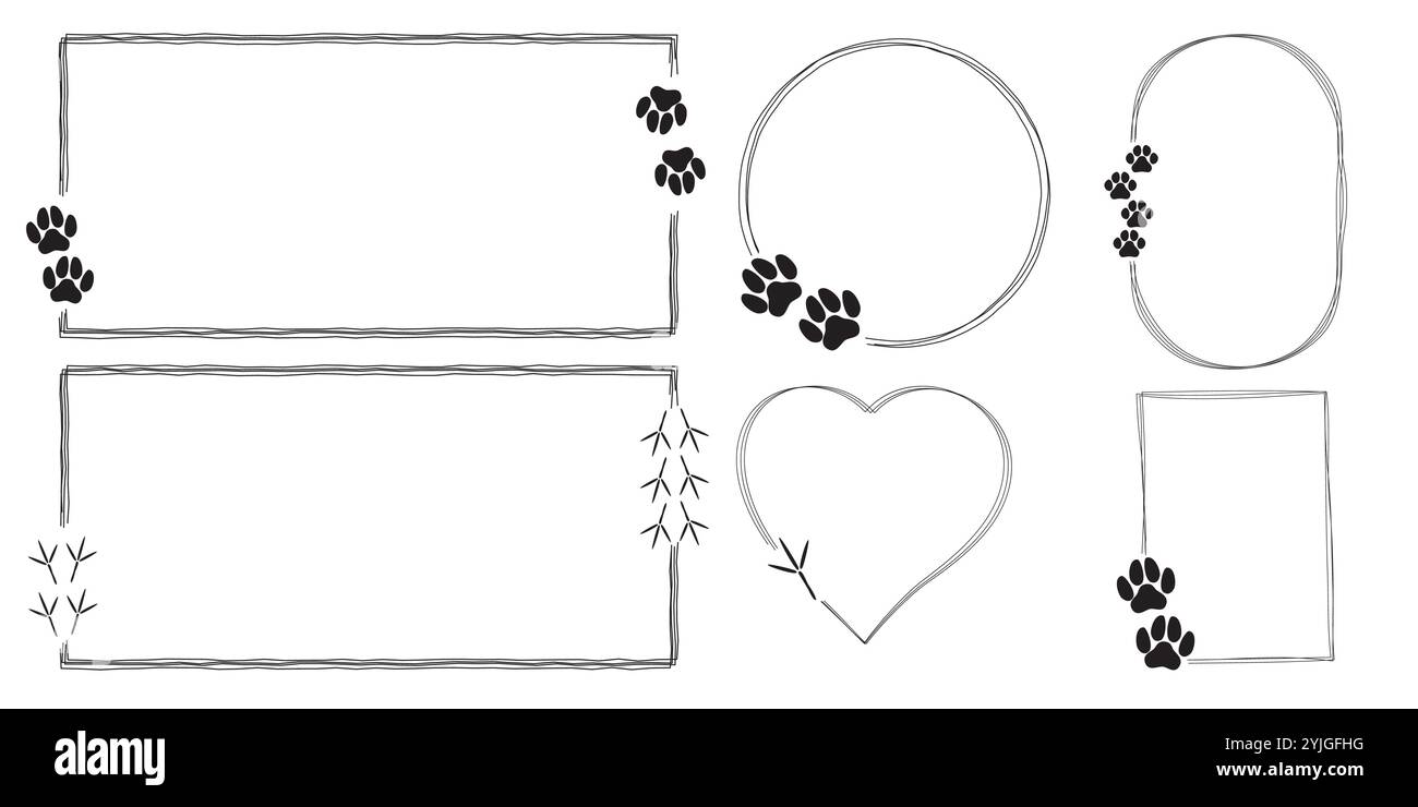 Set aus niedlichen handgezeichneten, ovalen, rechteckigen und runden Rahmen mit Katzen-, Hunde- und Vogelpfoten. PET Pfow zitiert Sprechblase. Stock Vektor