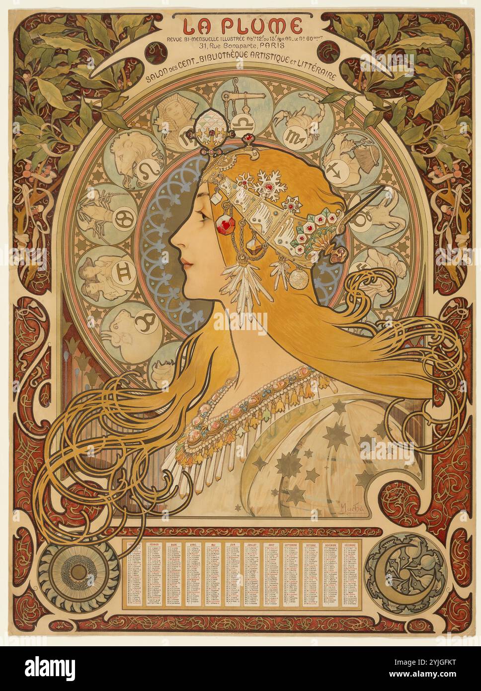 Zodiaque ('La Plume'). Alphonse Marie Mucha; Tschechisch, 1860-1939. Datum: 1896-1897. Abmessungen: 630 x 470 mm. Farblithographie aus mehreren Steinen auf braunem Webpapier. Herkunft: Tschechische Republik. Museum: Chicago Art Institute, FLORENCIA, USA. Stockfoto