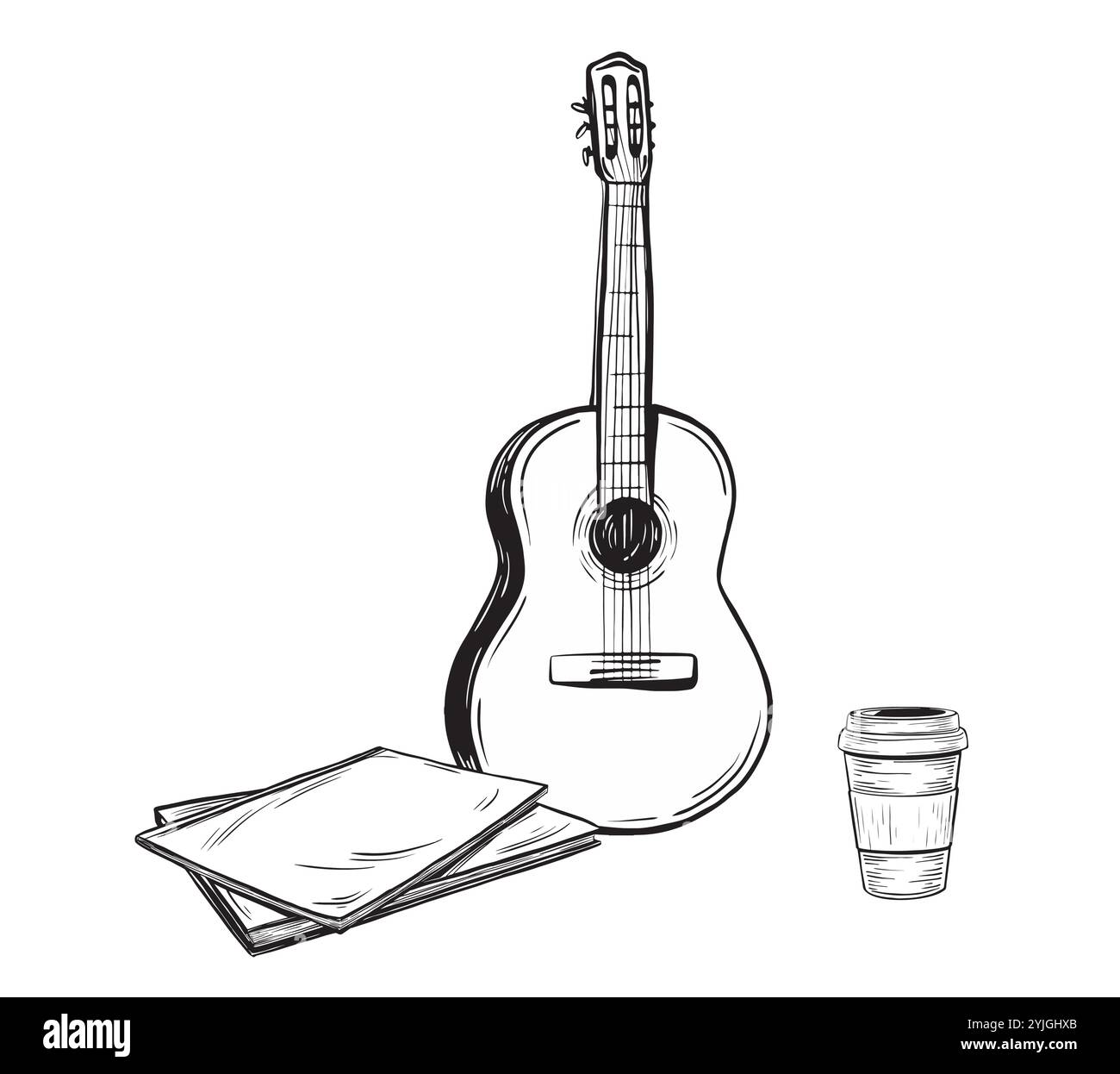 Touristische Komposition mit Gitarre und Einweg-Kaffeetasse und Noten. Skizze eines klassischen spanischen Musikinstruments im Sketch Tusche Stil. Vektorhand Stock Vektor