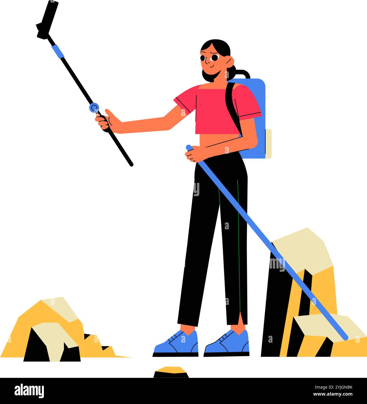 Weiblicher Wanderer mit Selfie Stick in der flachen Vektor-Illustration, die Outdoor-Abenteuer, Erkundung und Wandern symbolisiert, isoliert auf weißem Hintergrund Stock Vektor