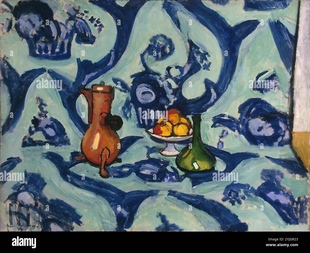 "Noch Leben mit Blau Tischdecke". Frankreich, 1909. Abmessungen: 88,5 x 116 cm. Museum: Staatliche Eremitage, St. Petersburg. Autor: Henri Matisse. Stockfoto