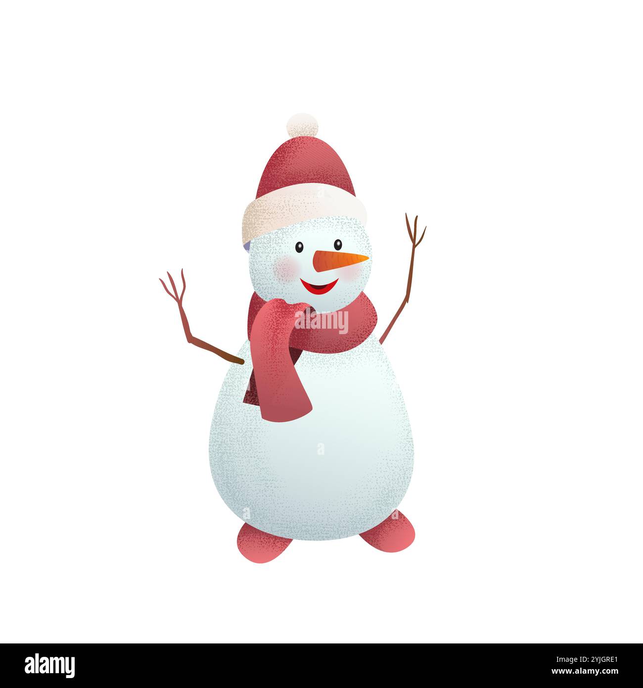 Charmante 3D-Vektor-Illustration des fröhlichen Schneemanns, der roten Schal und Weihnachtsmann-Hut trägt, mit Zweigen und helle orange Karottennase. Perfekt für den Winter Stock Vektor