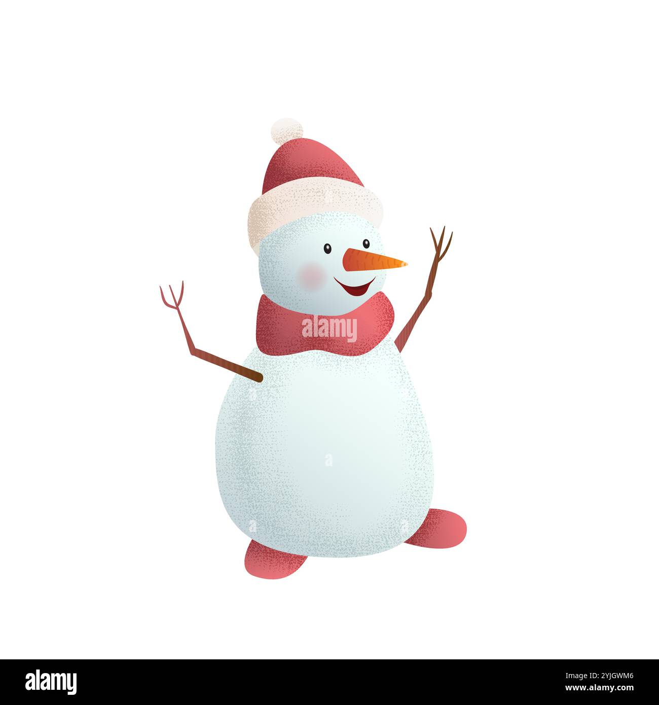 Charmante 3D-Vektor-Illustration des fröhlichen Schneemanns, der roten Schal und Weihnachtsmann-Hut trägt, mit Zweigen und helle orange Karottennase. Perfekt für den Winter Stock Vektor