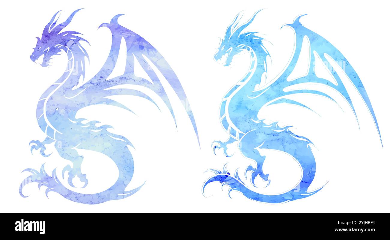 Vektorsatz von Aquarell Drachen Silhouette Clip Arts. Sammlung blauer Silhouettendrachen mit Flügeln, die vom Hintergrund isoliert sind. Mythologisches Märchen Stock Vektor