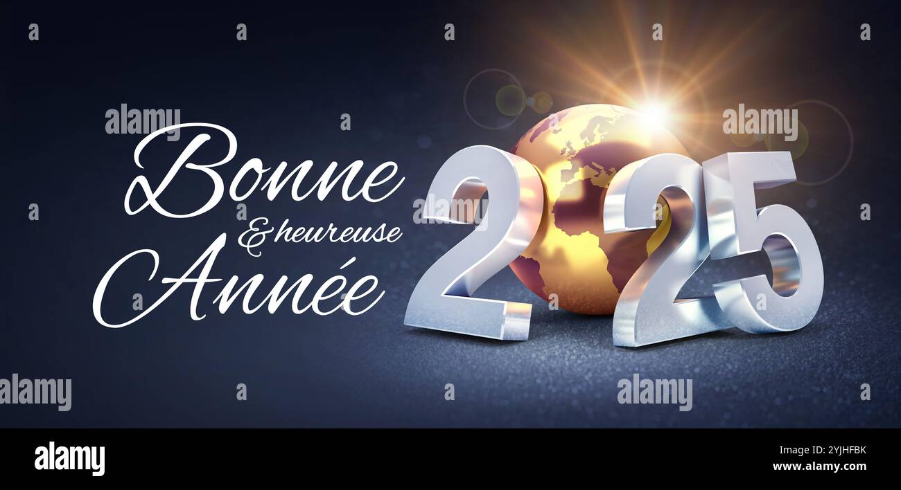 Grußkarte für das neue Jahr 2025, Bestes Wunschdatum Zahlen goldene Erdkugel, schwarzer Hintergrund französischer Sprache Stockfoto