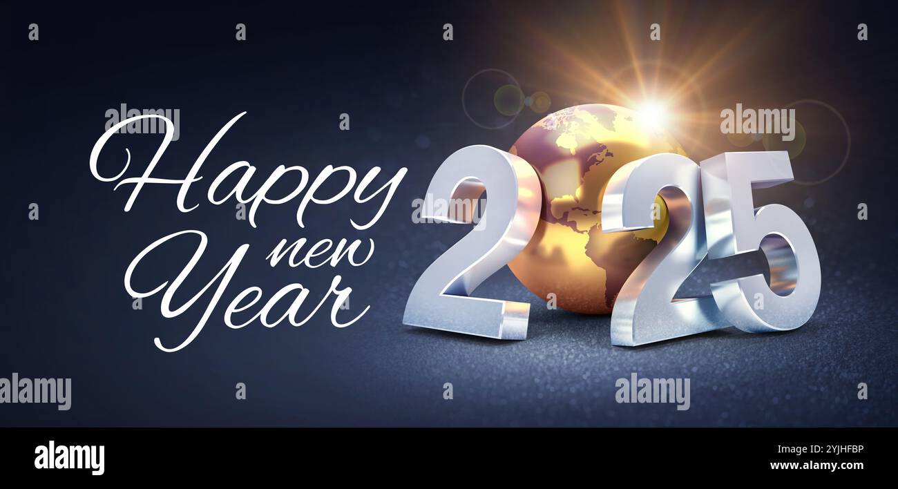 Happy New Year 2025 Grußkarte, Bestes Wunschdatum Zahlen goldene Erdkugel, schwarzer Hintergrund Stockfoto