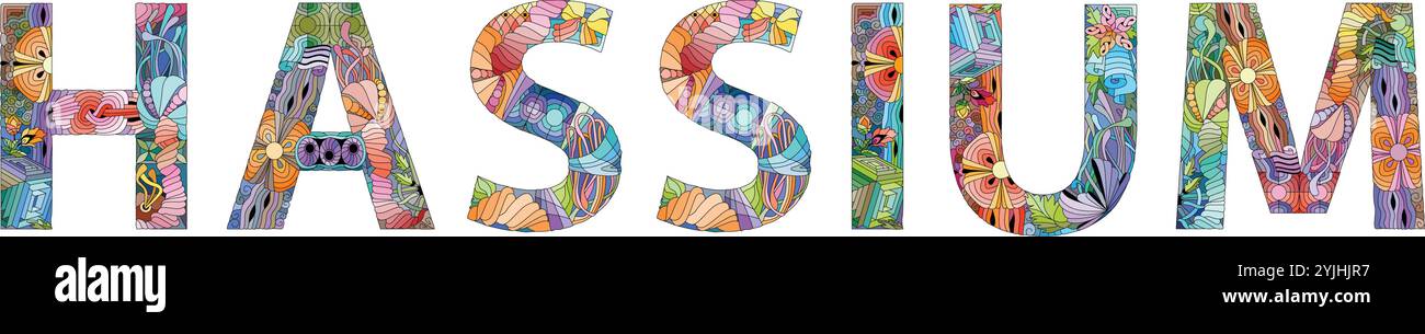 Das Wort HASSIUM. Es ist ein chemisches Element. Buntes Vektorwort isoliert auf weißem Hintergrund Stock Vektor