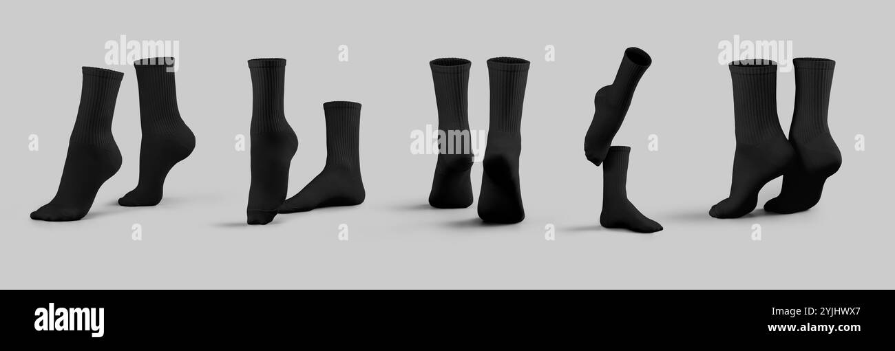 Schwarze Socken Mockup 3D-Rendering, Schuhe, für Design, Branding, Vorderseite, Seite, Rückansicht. Vorlage für Mode-High-Gamaschen auf Zehenspitzen, isoliert auf bac Stockfoto