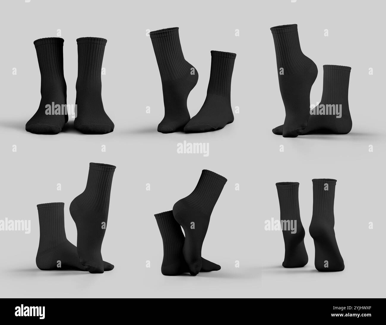 Modell der schwarzen mittelgroßen Socken 3D-Rendering, Schuhe, für Design, Branding, Vorderseite, Seite, Rückansicht. Vorlage trendiger durchschnittlicher Gamaschen auf Zehenspitzen, iso Stockfoto