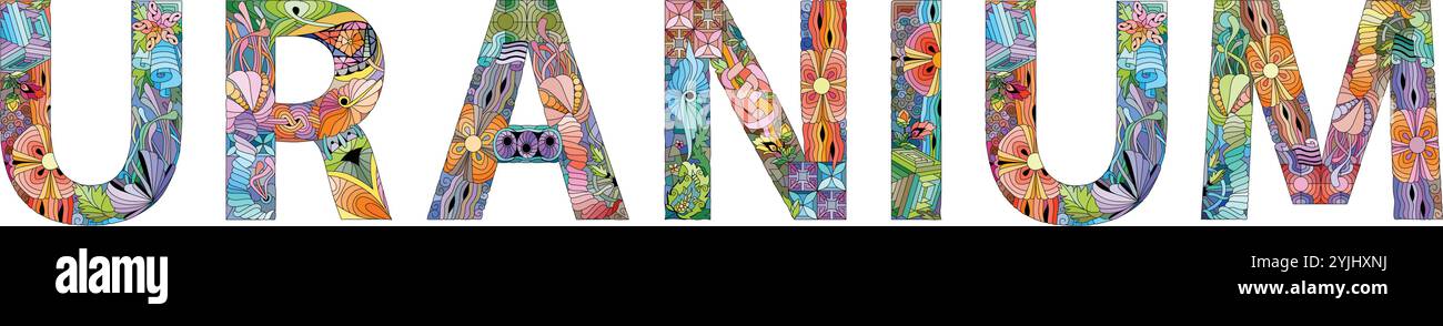 Das Wort URAN. Es ist ein chemisches Element. Buntes Vektorwort isoliert auf weißem Hintergrund Stock Vektor