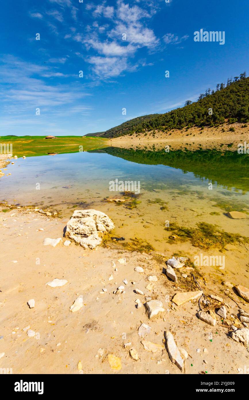 Der wunderschöne kristallklare Aguelmame Sidi Ali See. Khenifra-Nationalpark, Mittleres Atlasgebirge, Marokko Stockfoto